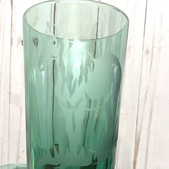 Robert Vavra Vintage Signed Frosted Etched Equestrian Green Glass Tumblers Set 5 - Picture 6 of 12